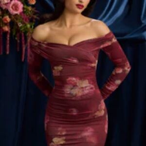 Oh Polly Off-Shoulder Ruched Mini Dress in Rose